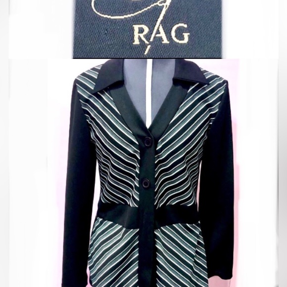 RAG buttoned blazer/suit jacket tailored black w/white stripes size L EUC - Picture 1 of 10